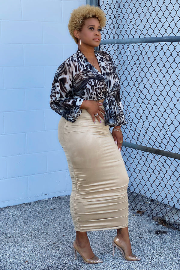 Deon Ruched and Fitted Maxi Skirt - Nude