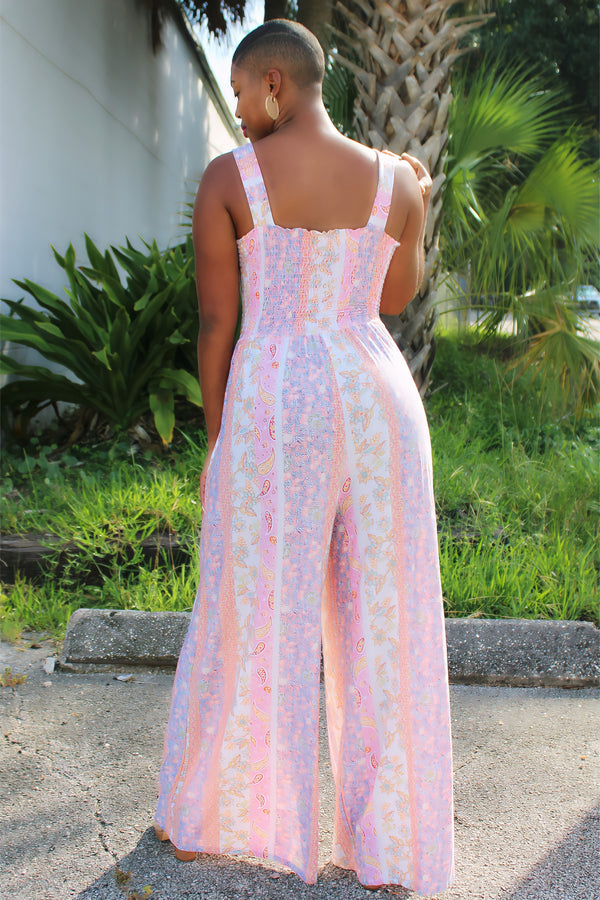 Shantell Comfy And Casual Wide Leg Jumpsuit- Pink Paisley
