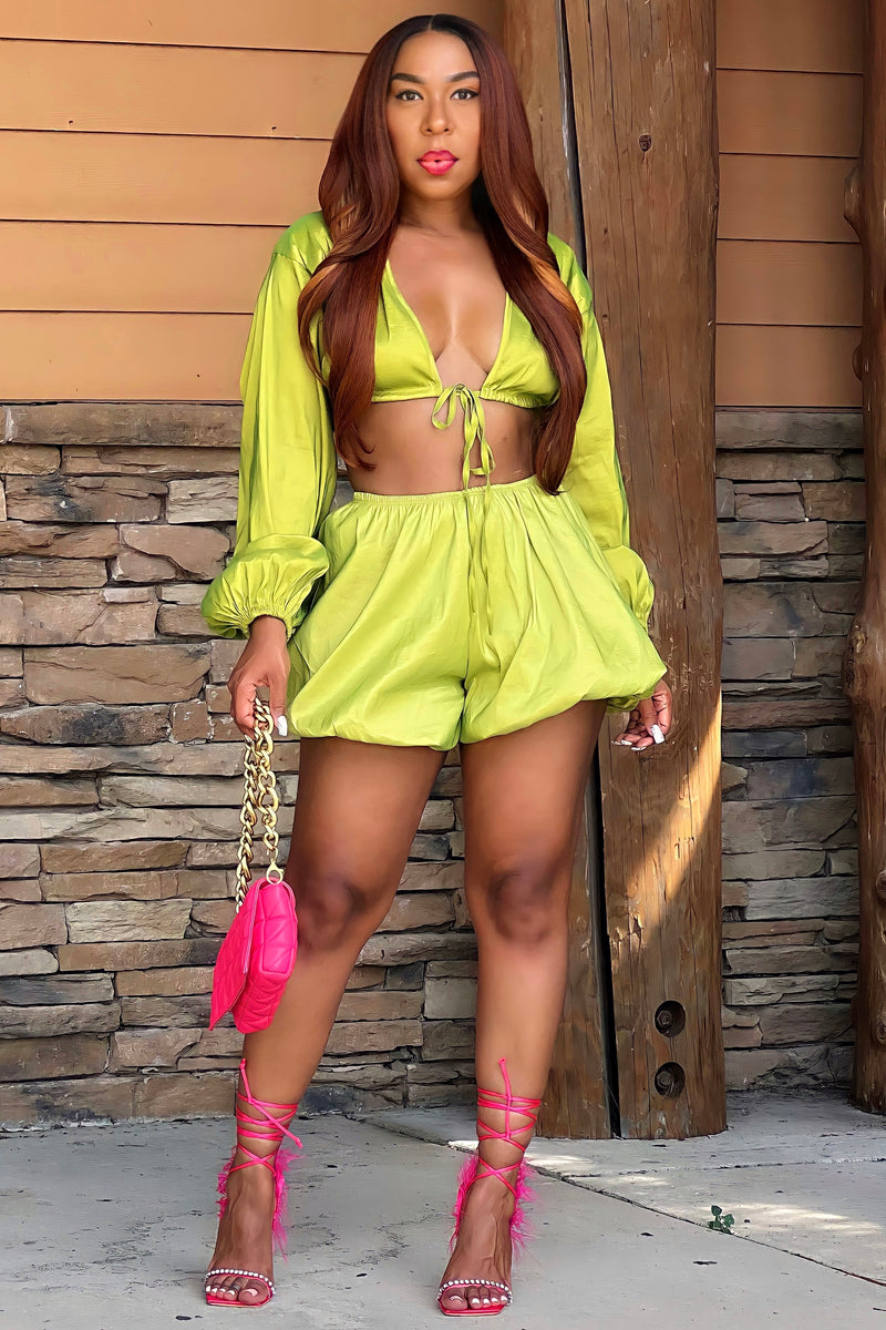 Sharonda Lux Crop Blouse and Bubble Shorts Set- Chartreuse