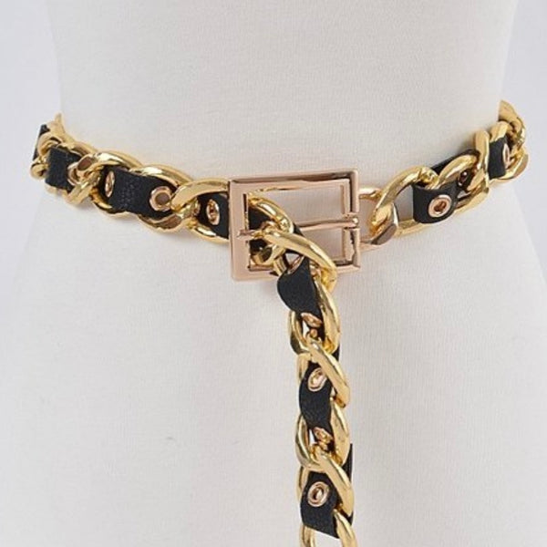 Pieces Belt With Gold Chain Detail in Black