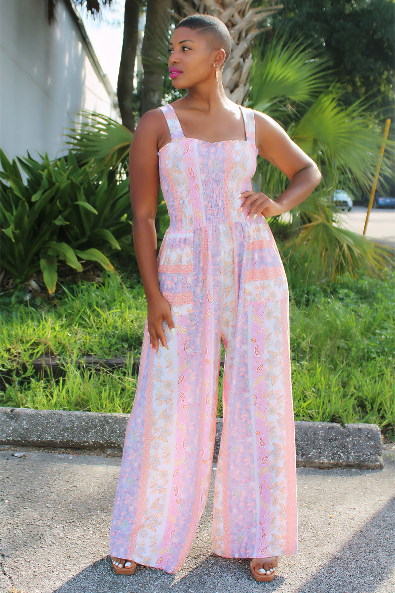 Shantell Comfy And Casual Wide Leg Jumpsuit- Pink Paisley