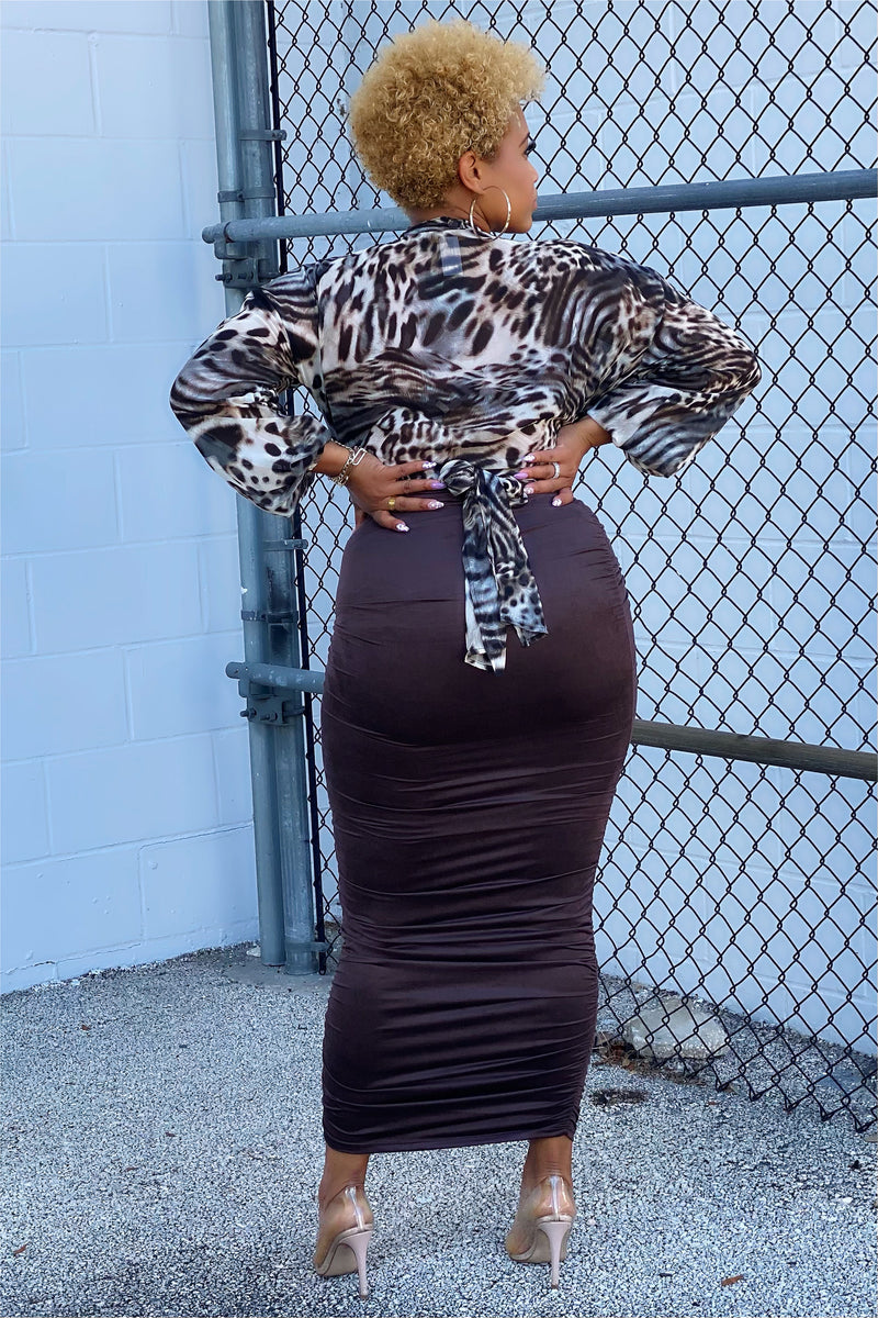 Deon Ruched and Fitted Maxi Skirt - Chocolate