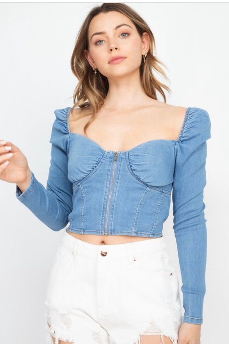 Lana Puffy Shoulder Crop Denim Shirt Med Wash – Shop Pretty Pieces