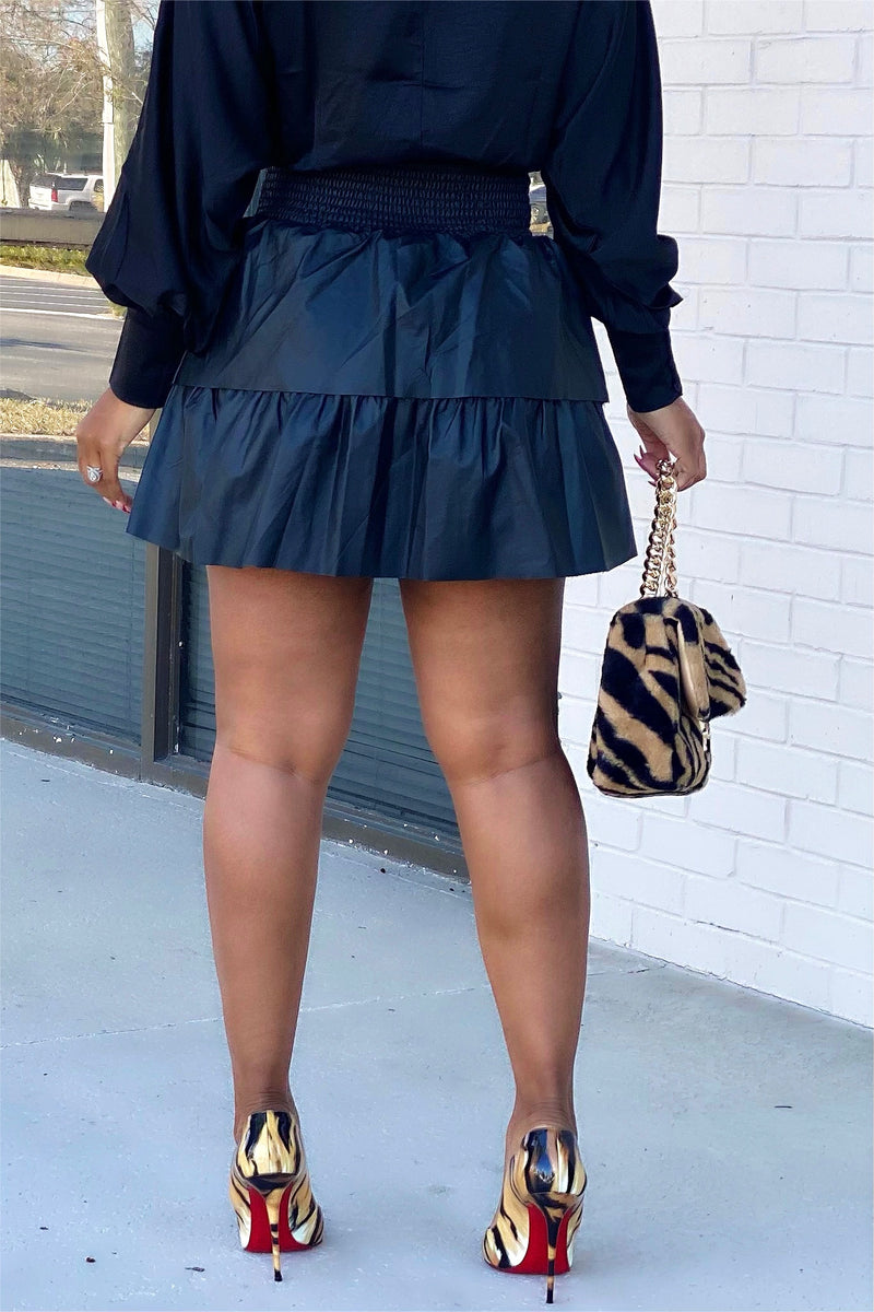 Laverne Tiered Mini Leatherette Skirt-Black